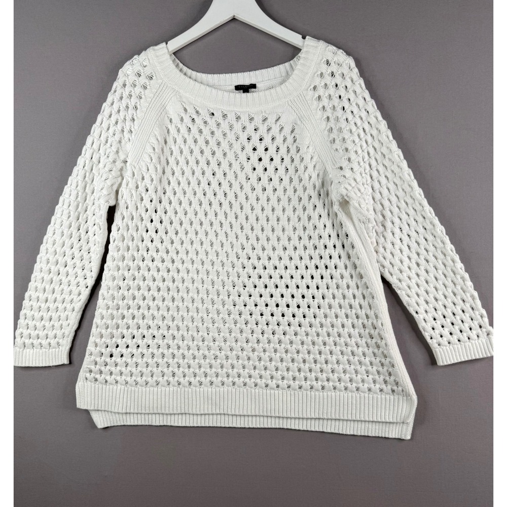 Talbots Sweater Women 1X White Open Knit Cotton Beach Coastal Nautical Layering